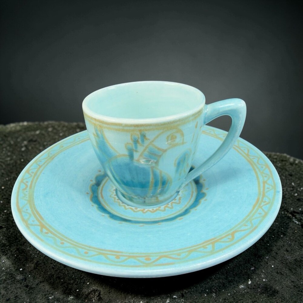 Ceramica De Tasco Mexico Demitasse Teacup And Saucer Set Teal Blue Bird Flower